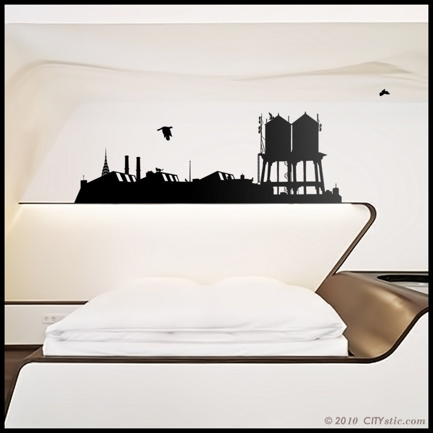 NYC - WALL DECAL : Water tanks Skyline of New York City with cat, pigeons, Chrysler Building