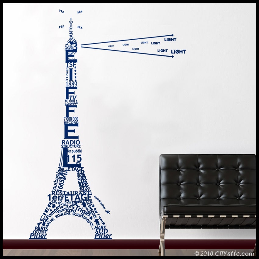 On Sale PARIS WALL DECAL : Eiffel tower in words and numbers, facts, icons, arrows, symbols. Graphic sticker