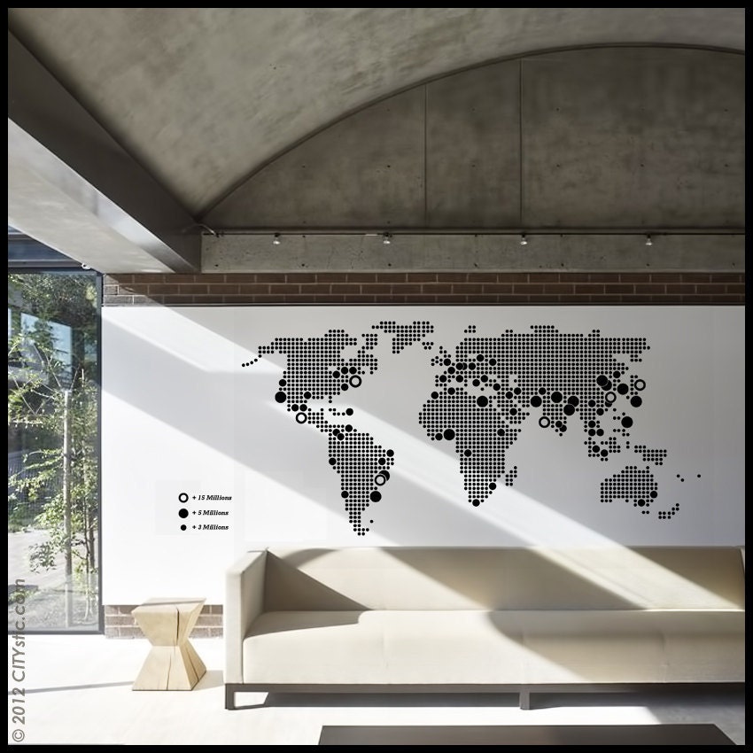 WORLD BIG Cities wall DECAL - Population by countries bigger towns Giant size 2 meters wide - 80 inches