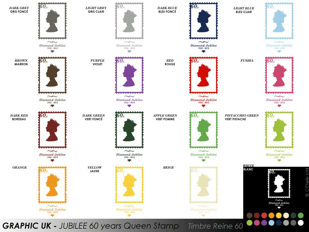 QUEEN - WALL DECAL: Queen Jubilee 60 years Stamp, Queen Elizabeth Face silhouette, crown, vinyl, sticker