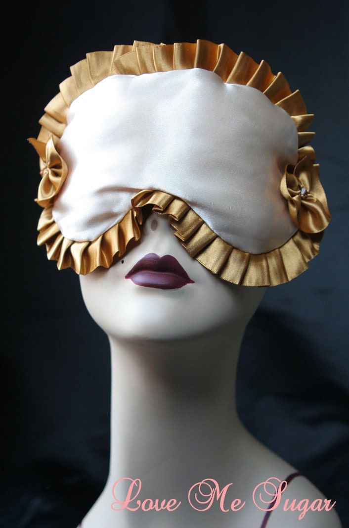 Satin Sleep mask - pinup inspired - ivory and gold- JULIENNE -  with  Swarovski Crystals by Love Me Sugar on Etsy
