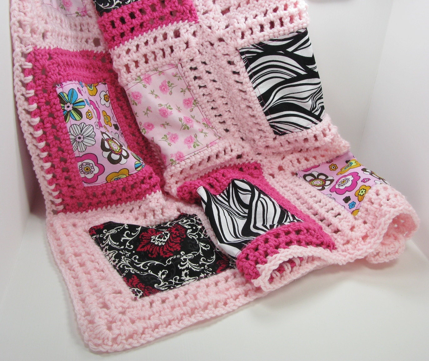 Crochet baby blanket pattern, patchwork crochet and fabric, PDF