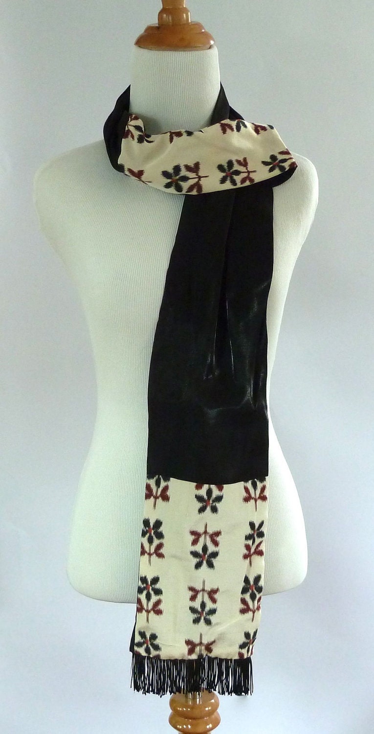 Black ivory rust pieced kimono scarf with fringe