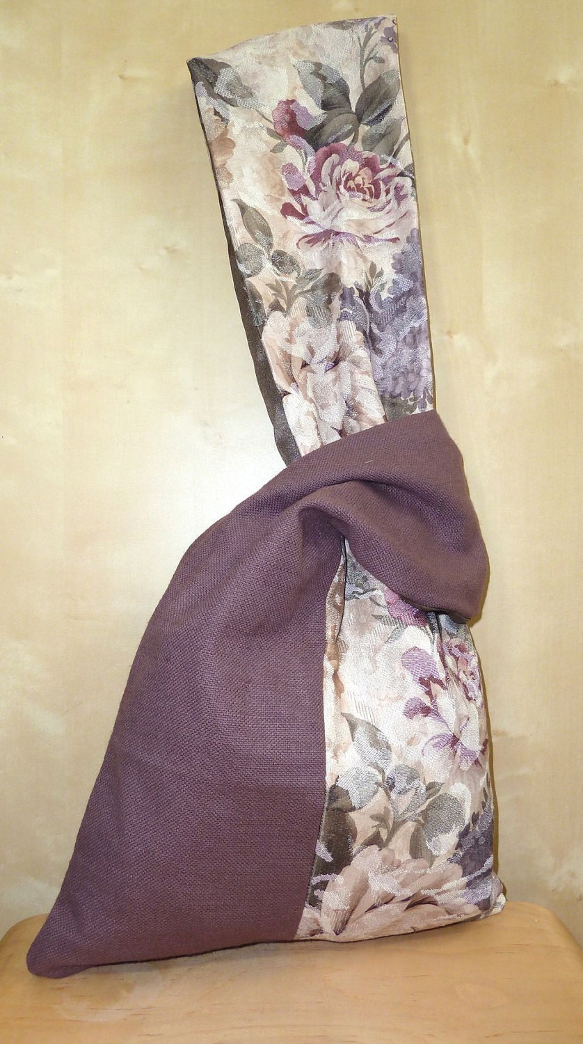 Purple linen and floral tapestry reversible shoulder purse