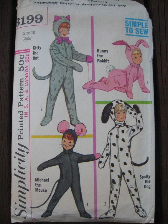 Vintage 1965 Simplicity Simple to Sew Boys and Girls Animal Costumes with Detachable Head Piece Sewing Pattern