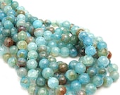 Agate, Fired, Aqua, Light Blue/Brown, Round, Faceted, 8mm, Small, Gemstone Beads, Full Strand, 48pcs - ID 558-6 - BeadsAndHoney