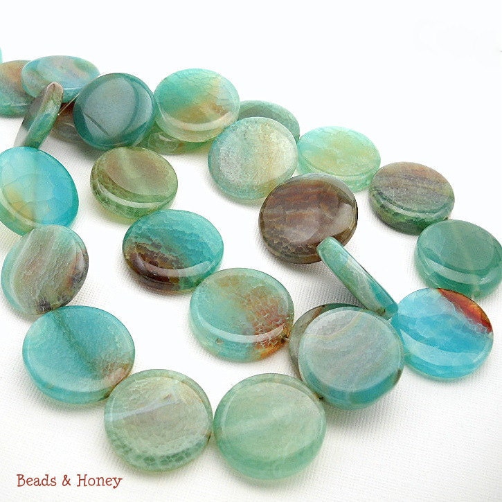 Aqua Fired Agate, Blue Green, Round Coin, Flat, Focal Pendant, Smooth, Gemstone Beads, 25mm, Large, 8pc - ID 692