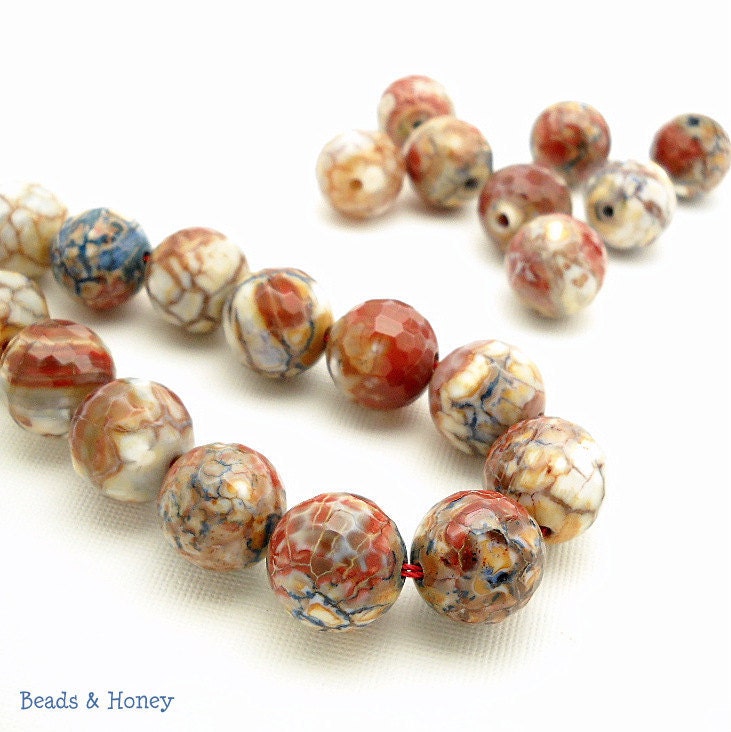 Agate, Brick Red, White, Dark Blue, and Brown, Fired, Round, Faceted, Gemstone Bead, 16mm, Large, 10pcs - ID 987