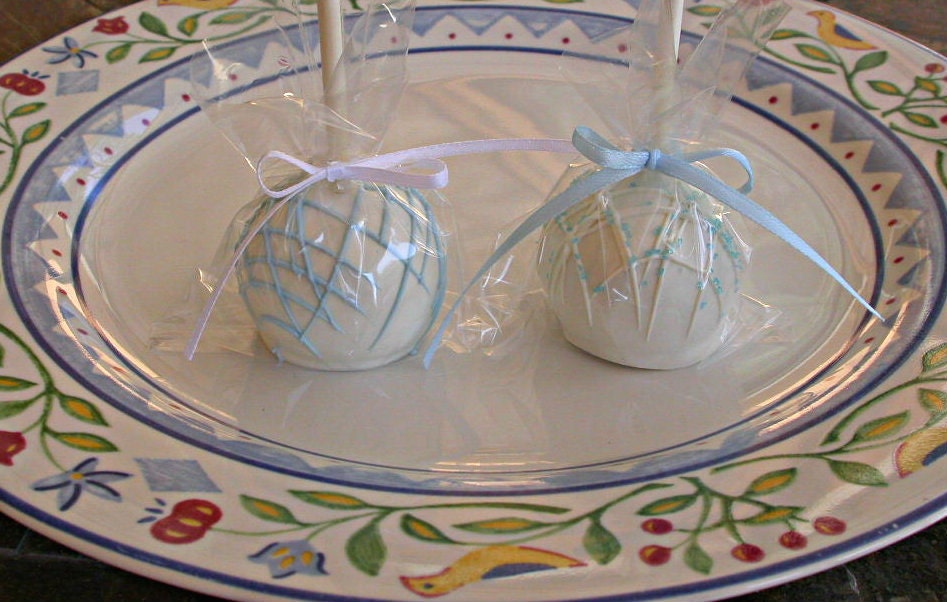 Wedding Cake Pops - White with soft blue Baby Shower Bridal Shower Wedding Cake Pop Favors