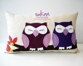 Sukan / Purple Owls Beige Linen Pillow Cover - 12x20