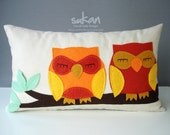 Sukan / Green Owls Beige Linen Pillow Cover - decorative throw pillows - baby owl pillow - 12x20