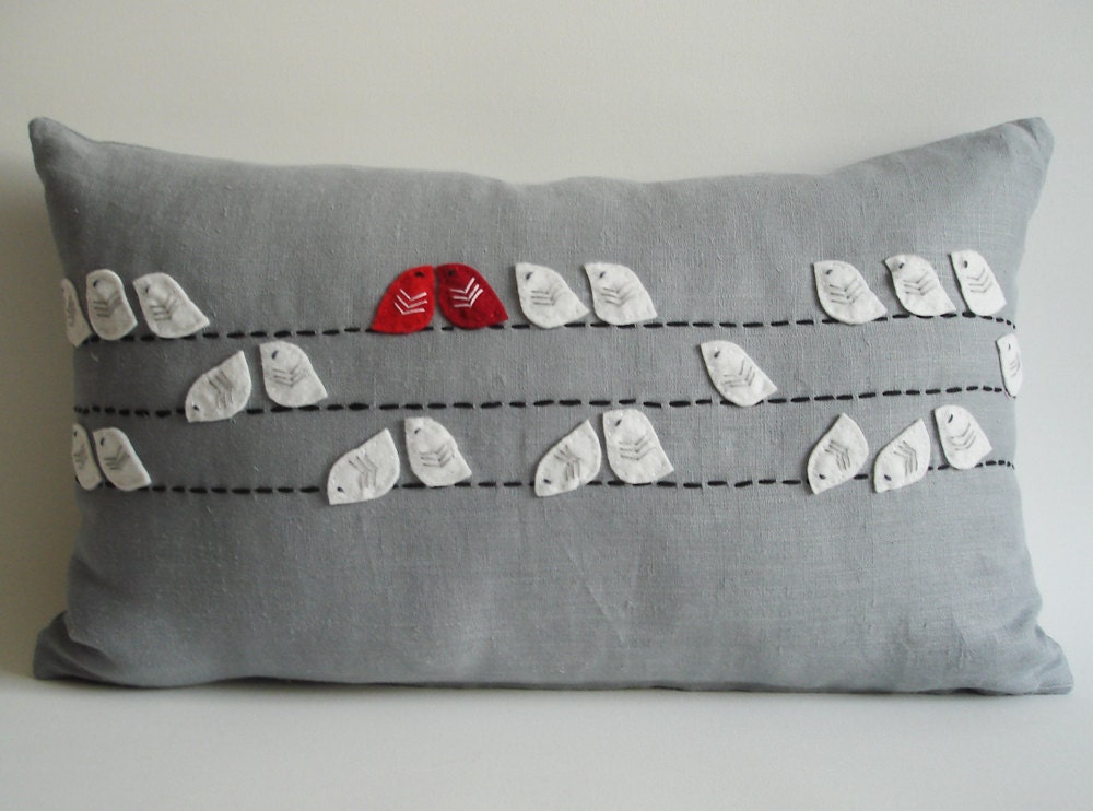Sukan / Birds Linen Pillow Cover - 12x20 inch - Gray White Red Dark Red