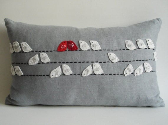 Sukan / Birds Linen Pillow Cover - 12x20 inch - Gray White Red Dark Red