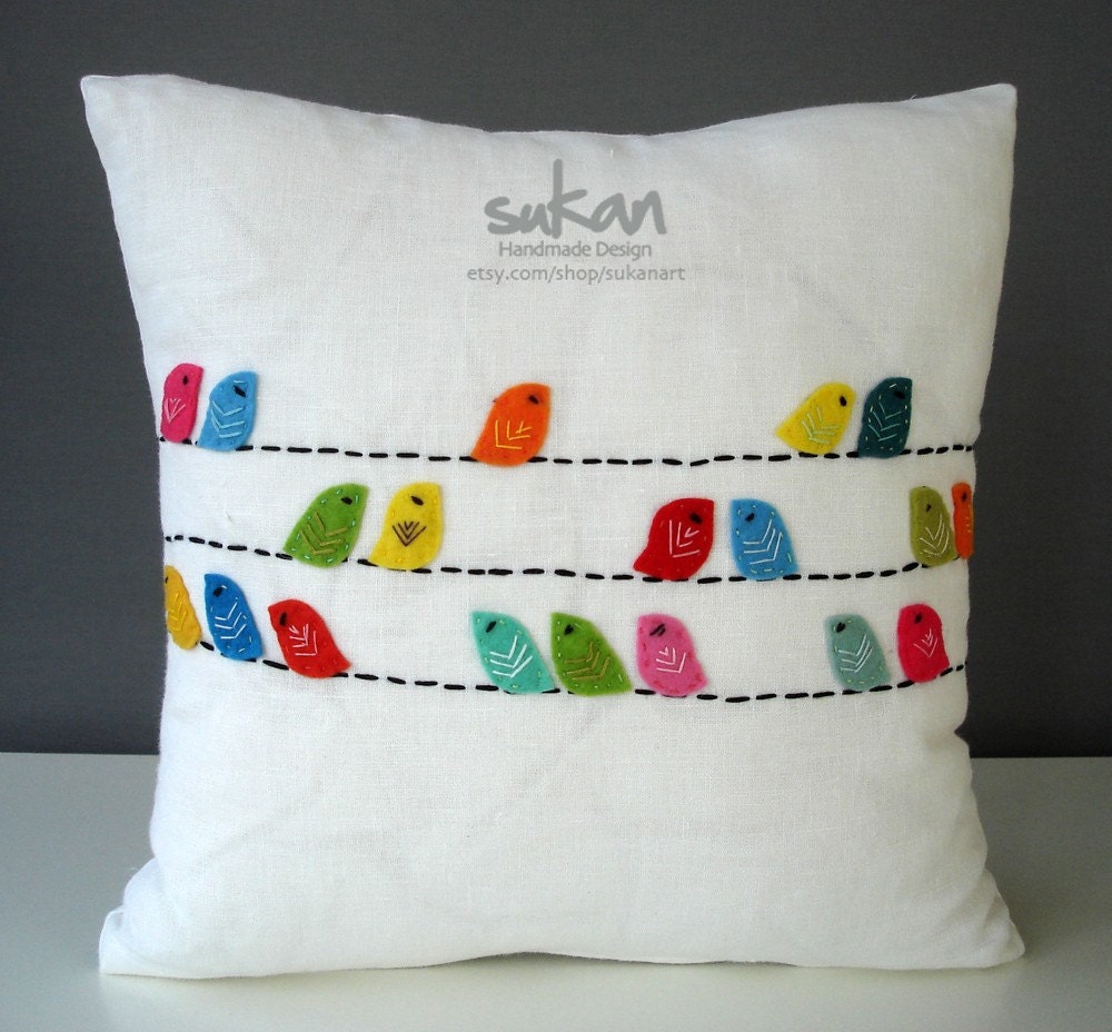 sukan / SET (2 piece) Color Birds, White Linen Pillow cover, Throw Pillow Covers Decorative PIllows Cushion Covers - 16x16