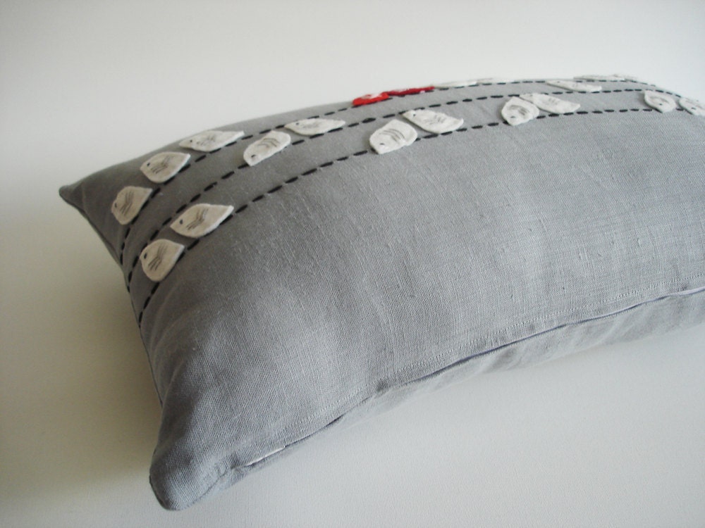 Sukan / Birds Linen Pillow Cover - 12x20 inch - Gray White Red Dark Red