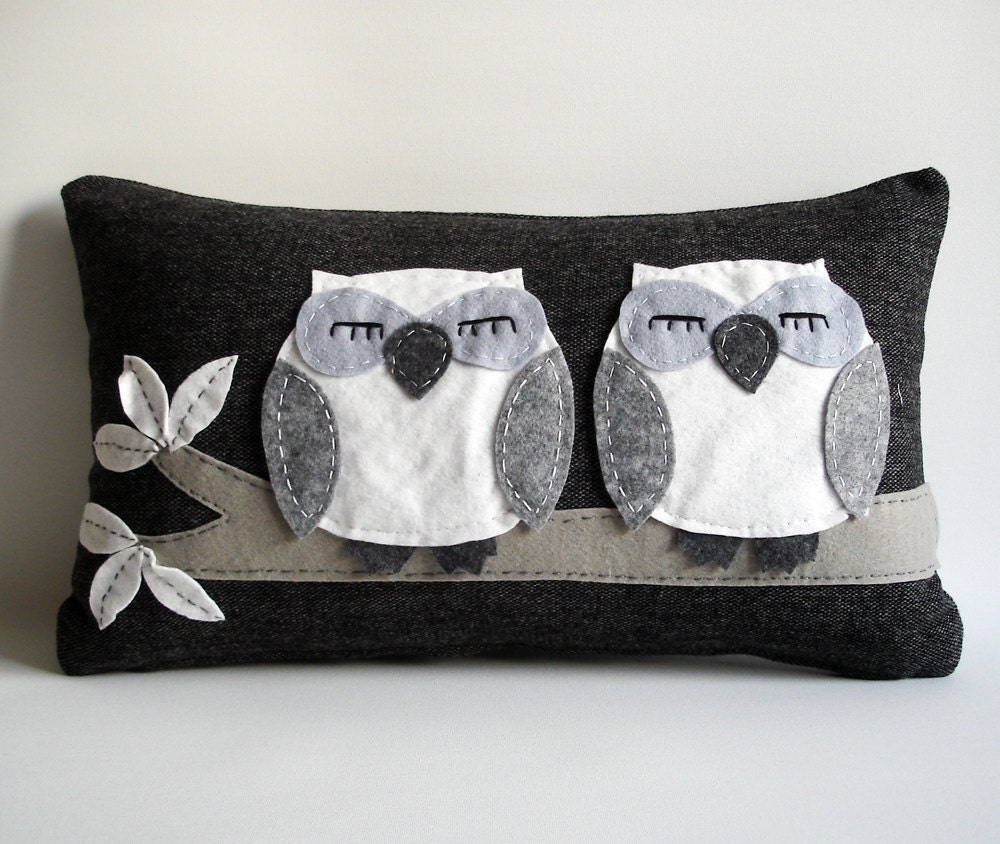 Sukan / Owls Pillow Cover - 12x20 inch - Black, Gray, White,Color