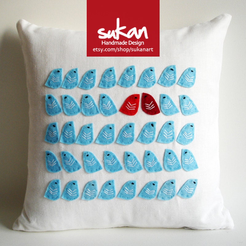 Sukan / Blue, Red Love Birds, White Linen Pillow Cover - 14x14 inch
