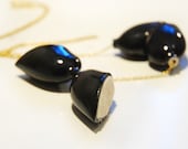 ceramic Large HEART NECKLACE black glaze, white felt, golden (long) chain - break it to use it. perfect wedding birthday gift