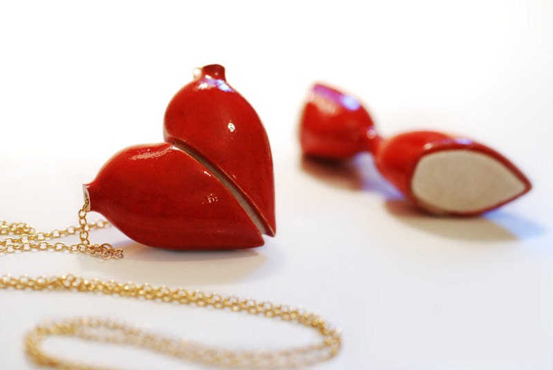 ceramic LARGE RED HEART necklace- with long golden chain, break it to use it, a perfect love gift