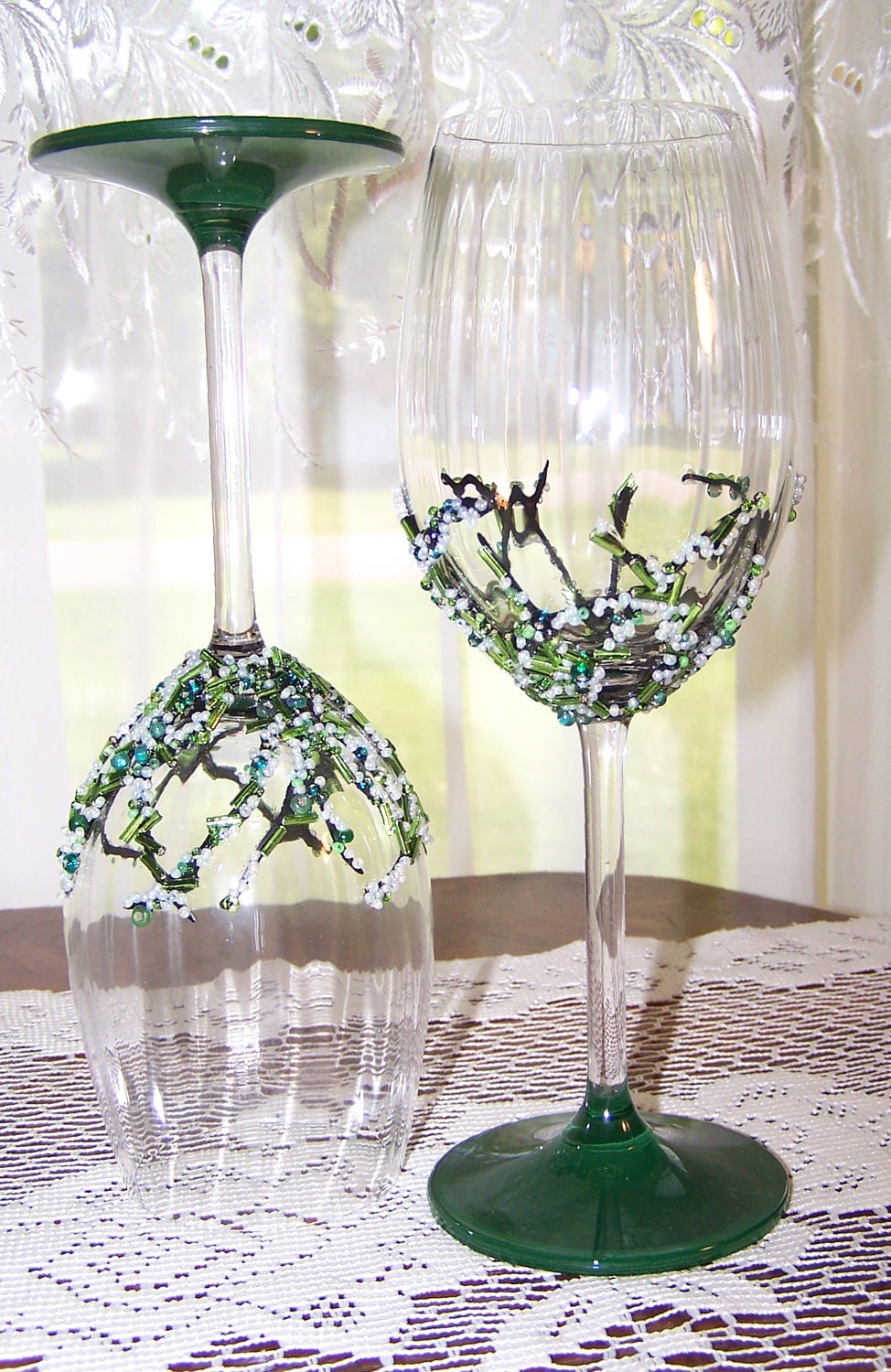 Two Glass Beaded Stemware in Shades of Green