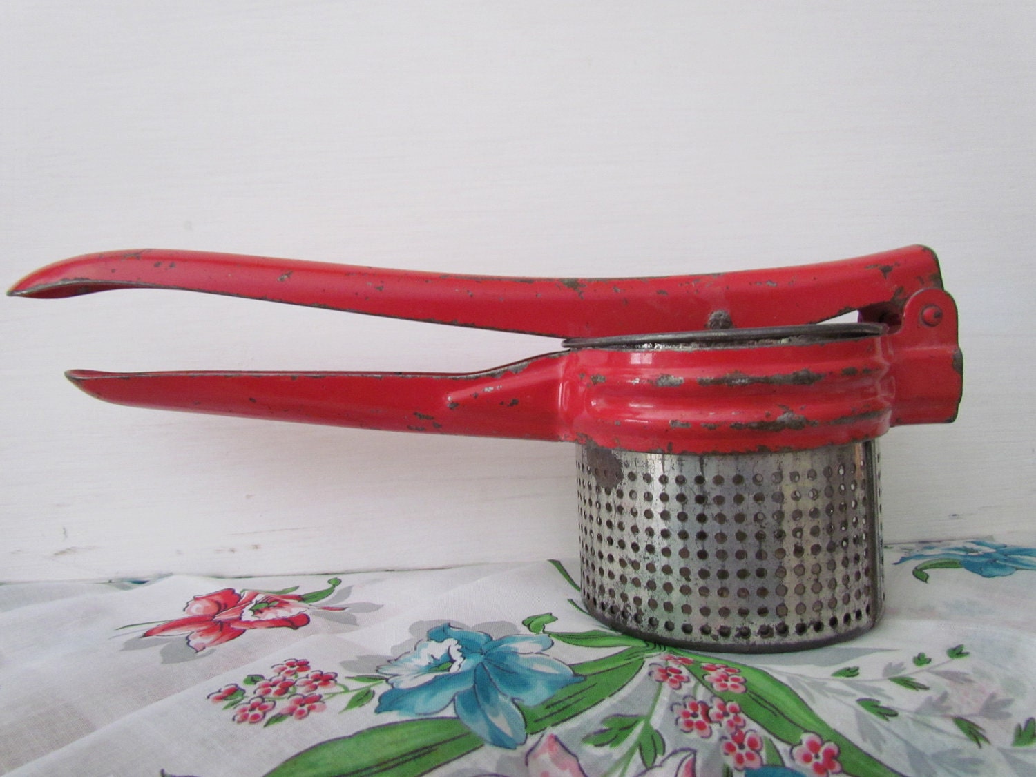 Vintage Primitive Red Handled Aluminum Potato Ricer Masher