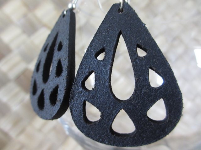 Recycled Leather Black Tear Drop Earrings