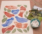 linocut, birds, happy spring colors, folk art decor, rustic interior