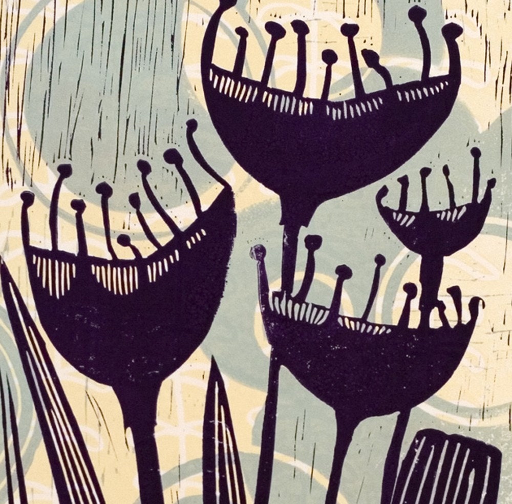 Pods a colour linocut by Mariann Johansen-Ellis