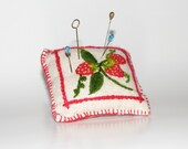charming handmade pincushion -- embroidered linen
