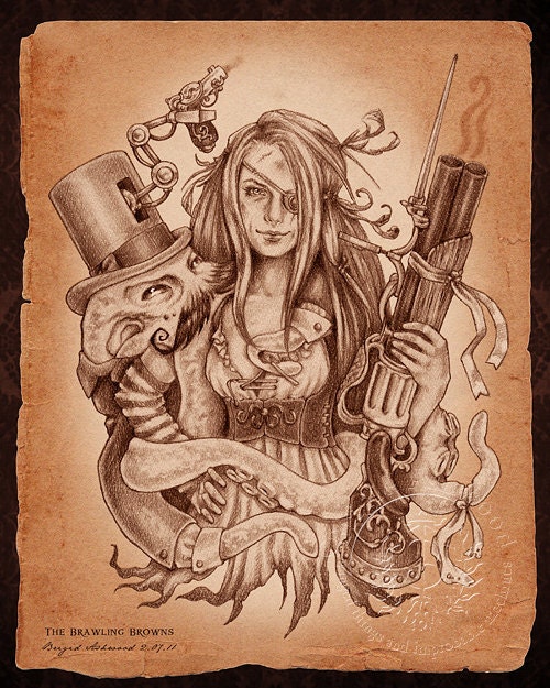 Steampunk PinUp Cephalopod Sepia Signed Art Print
