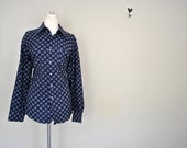 Nautical Knot Work Chic Shirt / Navy Blue and White Button Up Blouse /  Ladies Large Vintage Blouse