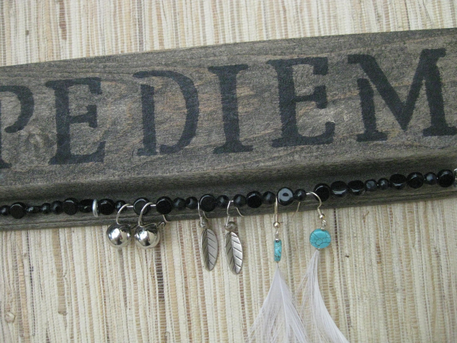 Black Earring Genie - CARPE DIEM earring holder - reclaimed wood earring organizer, black