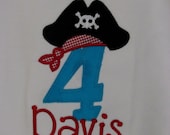 Boys, Pirate, Appliqued Pirate Hat with Number OR Letter, Birthday Shirt or Onesie, Long or Short Sleeve, YOU DESIGN