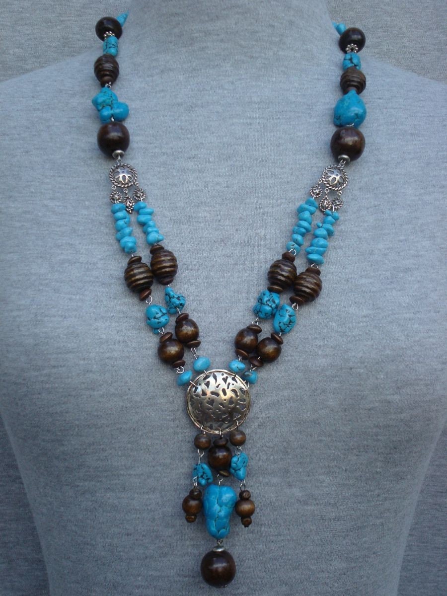 Sterling silver, Turquoise and Wood Necklace