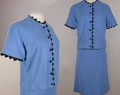 SALE - 1960s dress suit by Patty Petite - blue linen - black "rickrack" trim  -Med