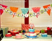 Owl Banner - birthday / baby shower / room decoration - (lime green, pink, & turquoise) - Oakley the Twin Owls Collection