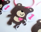 Teddy Bear Favor Tags with Balloon - pink & brown - birthday party/baby shower - set of 12 - custom letter/number