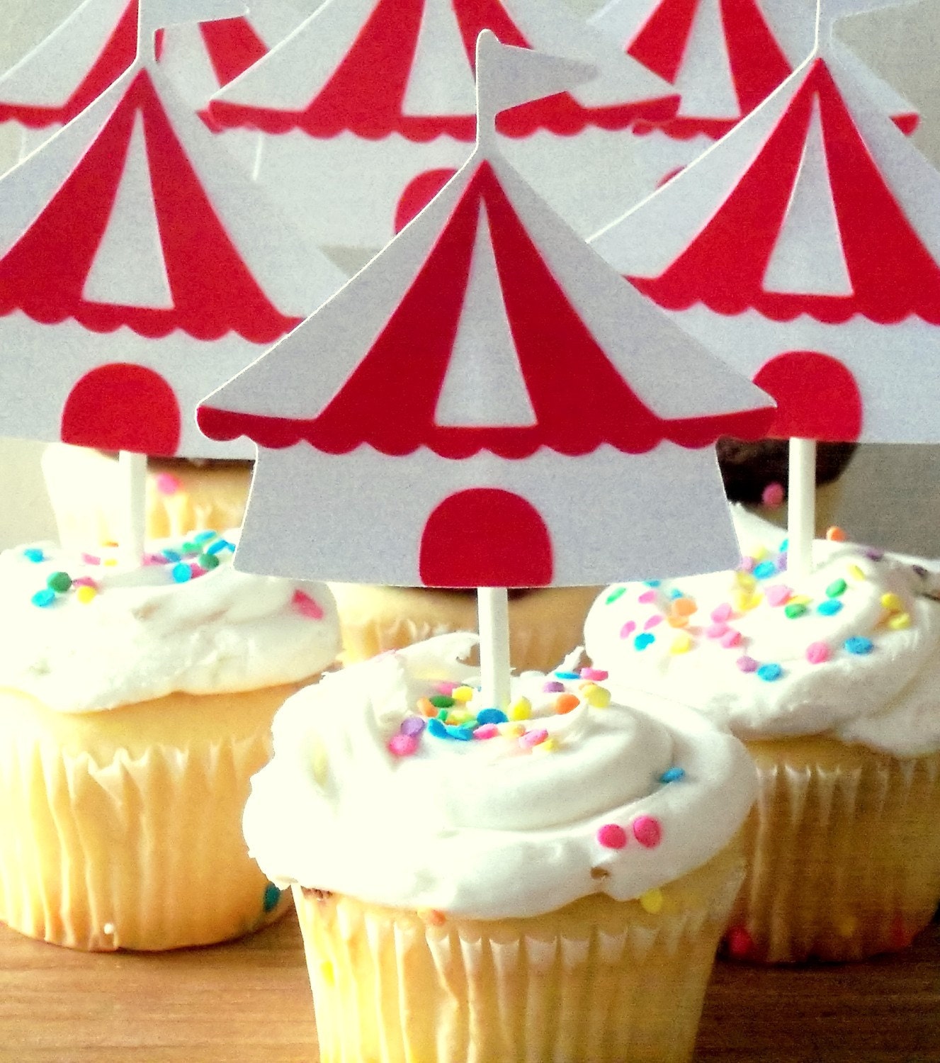 Circus / Carnival Party Cupcake Toppers - red & white - Featured on Etsy's FRONT PAGE - Big Top Party Collection