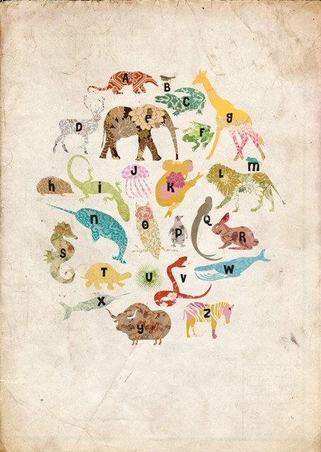 SPRING SALE - A3 size Animals Alphabet Poster in vintage style