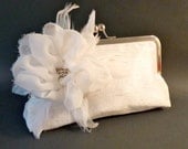 Bridal Clutch Ivory or White Silk with Rhinestone Feather Peony