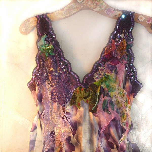 Reserved for Joan Lovely Unique Summer Evening Party SILK TOP Very Feminine Violet Green Lavender Croched Laces,