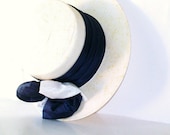 Vintage Straw Wide Brimmed Hat White Royal BLue Summer Hat Nautical Colors