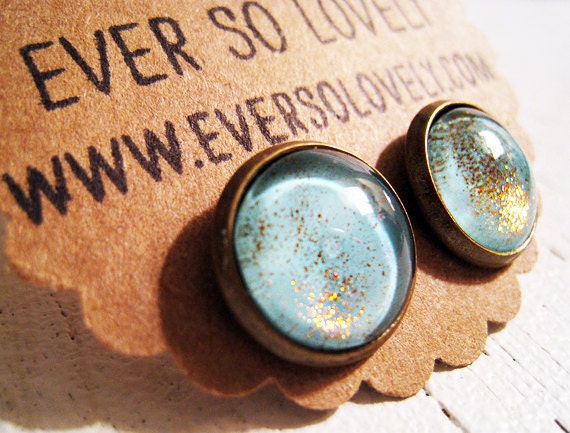 ocean water and summer sunlight - pale blue and gold sparkly metallic handmade nickel free post earrings