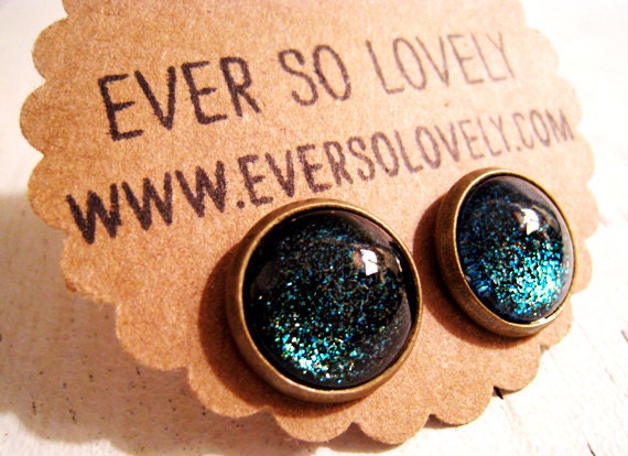dark black blue green sparkly metallic nickel free post earrings - summer nights and shooting stars