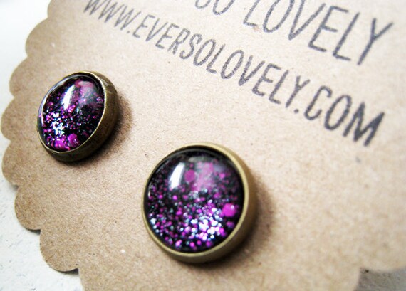 tiny summer nights and starry skies - handmade black dark purple sparkly metallic nickel free post earrings