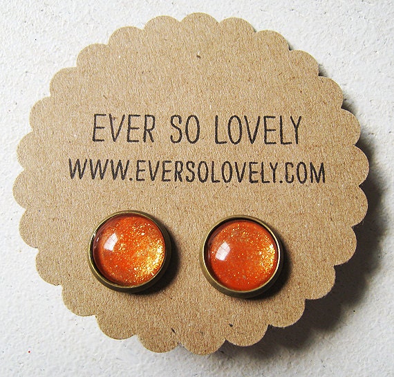 tangerine gold dust earrings - handmade sparkly metallic orange shimmer nickel free round post - summer sunset