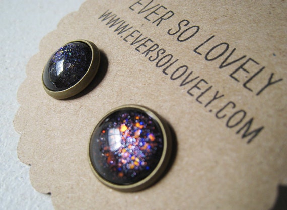 meteor shower - black and silver green and red starry night handmade sparkly metallic nickel free post earrings