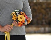Brooch Bouquet - Vintage Country style brooches, Orange, Green, Yellow, Blue, Brown with a Gecko, bridal bouquet, wedding bouquet
