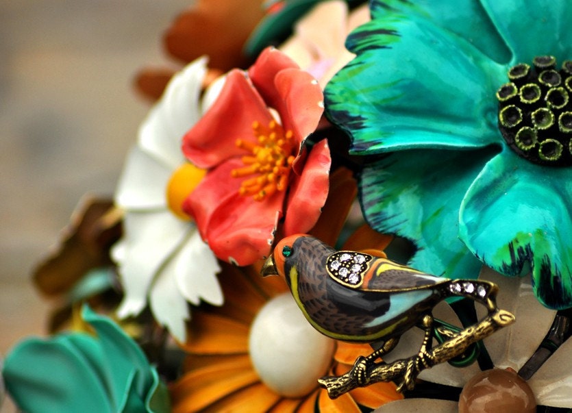 Wedding Brooch Bouquet - Soft Fall or Summer, teal, brown, yellow, orange, red, ivory, yellow, blue, silver, black with a butterfly