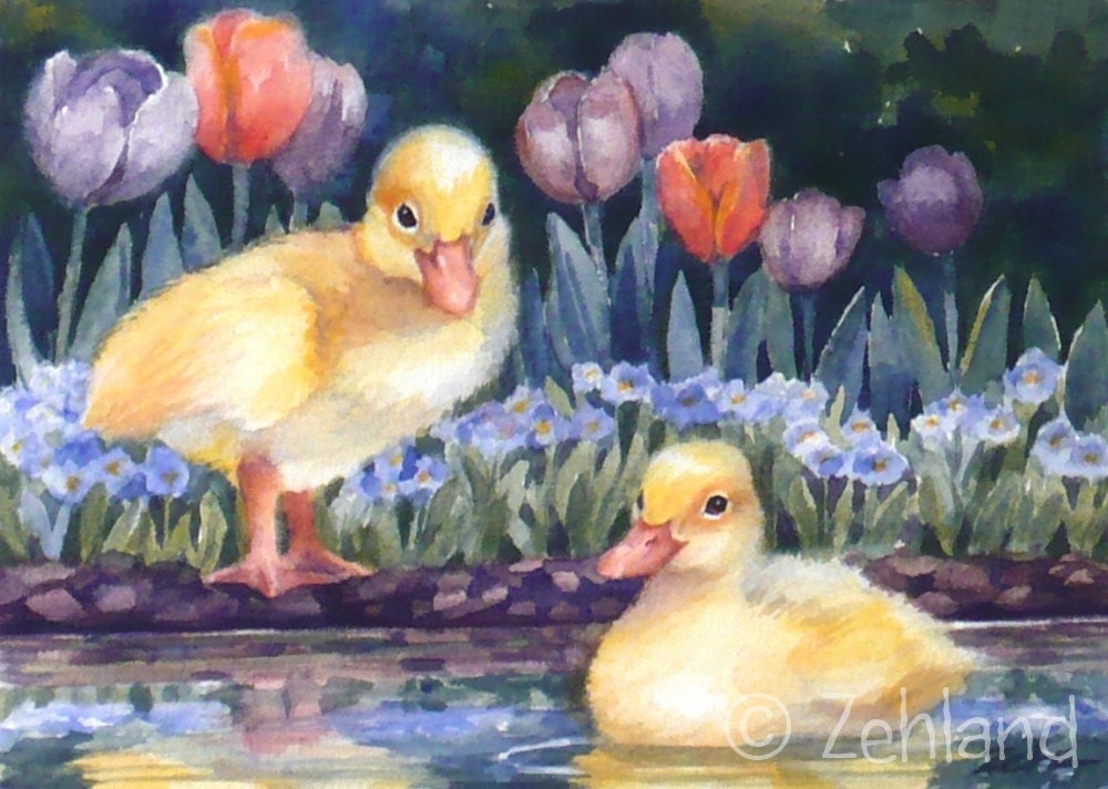 Baby Ducklings Giclee Print Animal Art by Janet Zeh 5x7